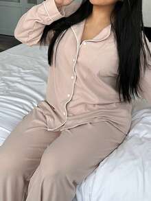 Dazy Plus 2pcs Fashionable Solid Color Loungewear Set, Loose Long Sleeve Shirt Top And Straight Leg Pants, Plus Size Women Spring/Autumn Pajamas - Apricot - View 5