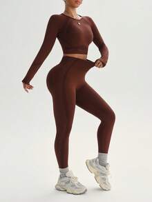 SHEIN Sports Plus Size Women Solid Color Long Sleeve And Long Pants Sports Outfit, Seamless Workout Women Set Women Leggings Set - Brown - View 5