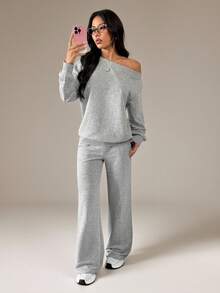 SHEIN PETITE 女士春夏基础款针织纯色灰色宽松露肩不对称领长袖卫衣和喇叭裤运动套装，两件套 - 灰色 - 查看 4