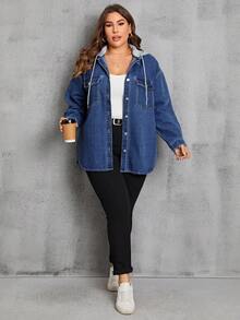 EMERY ROSE Plus Size Women Autumn Dropped Shoulder Long Sleeve Drawstring Hooded Denim Jacket With Pockets - Dark Wash - View 3