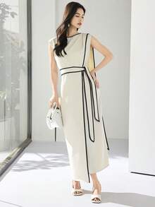 Heiryn Nuevo vestido asimétrico de alta gama con contraste de color y lazo envolvente al estilo coreano - Caqui - Ver 4