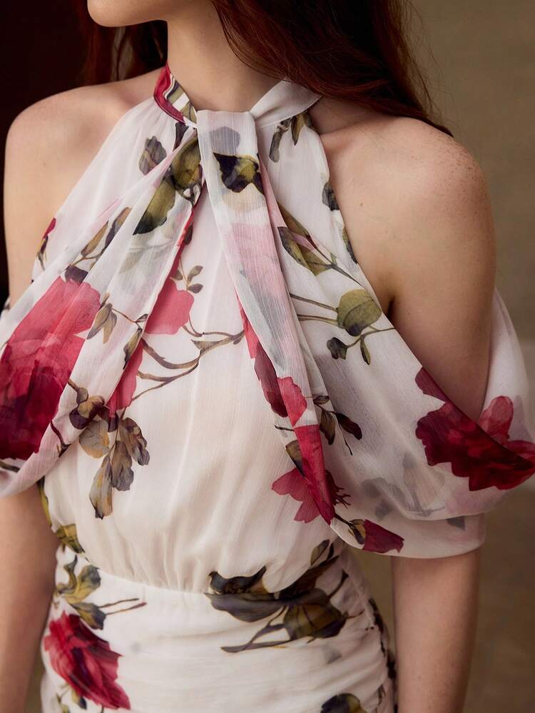 WOMEN'S ROSE PRINT HALTER NECK RUCHED ELEGANT DATE DRESS, SPRING/SUMMER