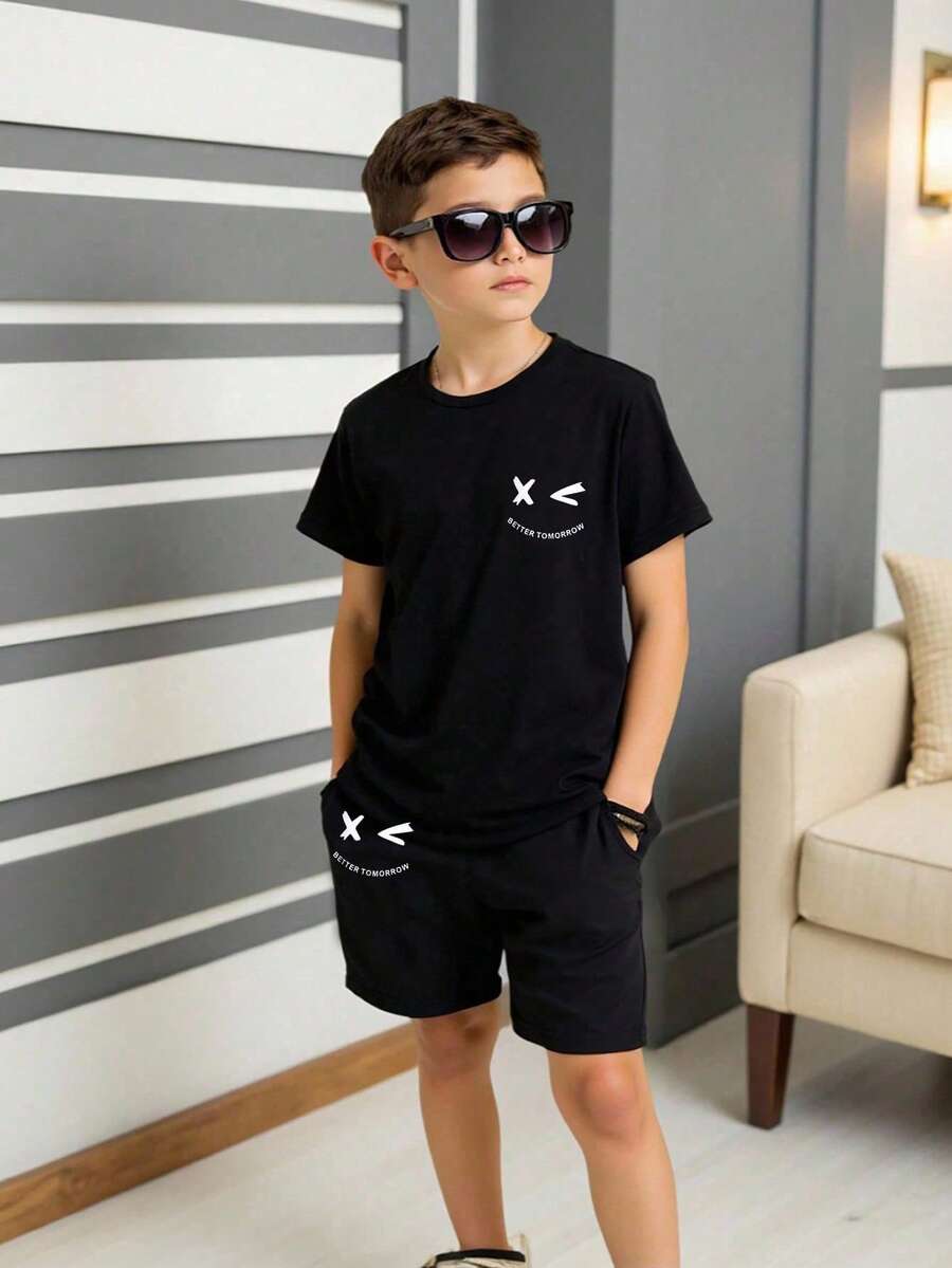 SHEIN Baju Anak Laki-Laki Remaja Perempuan Model Lengan Pendek Kerah Bulat Motif Wajah Warna Biru, Kasual & Serbaguna untuk Pemakaian Sehari-hari, Musim Semi/Panas - Hitam - View 1