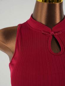 SaltGleam SaltGleam 中式旗袍风格镂空罗纹无袖修身背心，夏季 - 紅色 - 查看 4