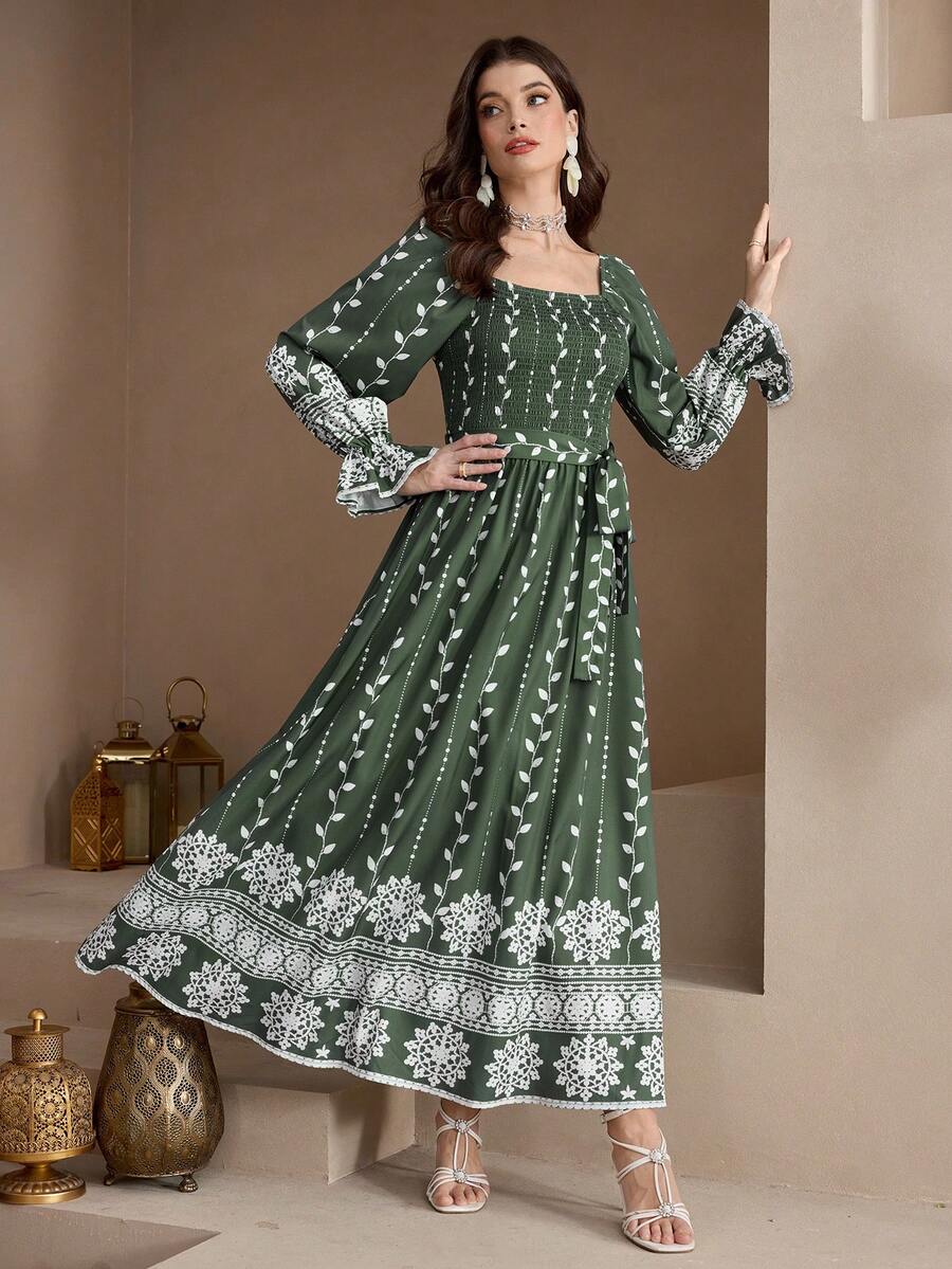 Al Najma New Vacation Floral Print Cinched Waist Slimming Casual Vacation Everyday Versatile Elegant Dress - Green - View 1