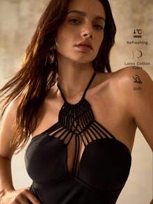 MOTF PREMIUM HANDMADE CROCHET BOHEMIAN HALTER ONE-PIECE SWIMSUIT - Black - View 2