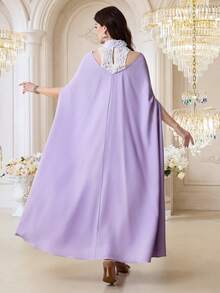 Al Najma Women's Elegant Contrast Mesh Applique Dress, Autumn