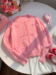 Muchica Pink Knitted Cardigan With Bow For Women - Pink - View 7