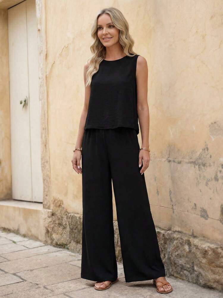 Solid Tank Top & Wide Leg Pants