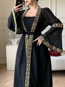 DAZY Women's Elegant Vacation Style Splice Ribbon Flare Sleeve Belted Sheer Robe & Camisole 2 Pieces Set - Black - View 2