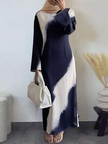 DAZY Navy And White Tie-Dye Elegant Long Dress,Modest Slim Fit Sundress For Autumn,Tea Party,Wedding,Formal Occasion,Fashion Spring & Summer - Navy Blue - View 1