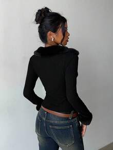 Aloruh 女士秋冬外套，仿毛领拼接设计，复古Y2K时尚外套 - 黑色 - 查看 2