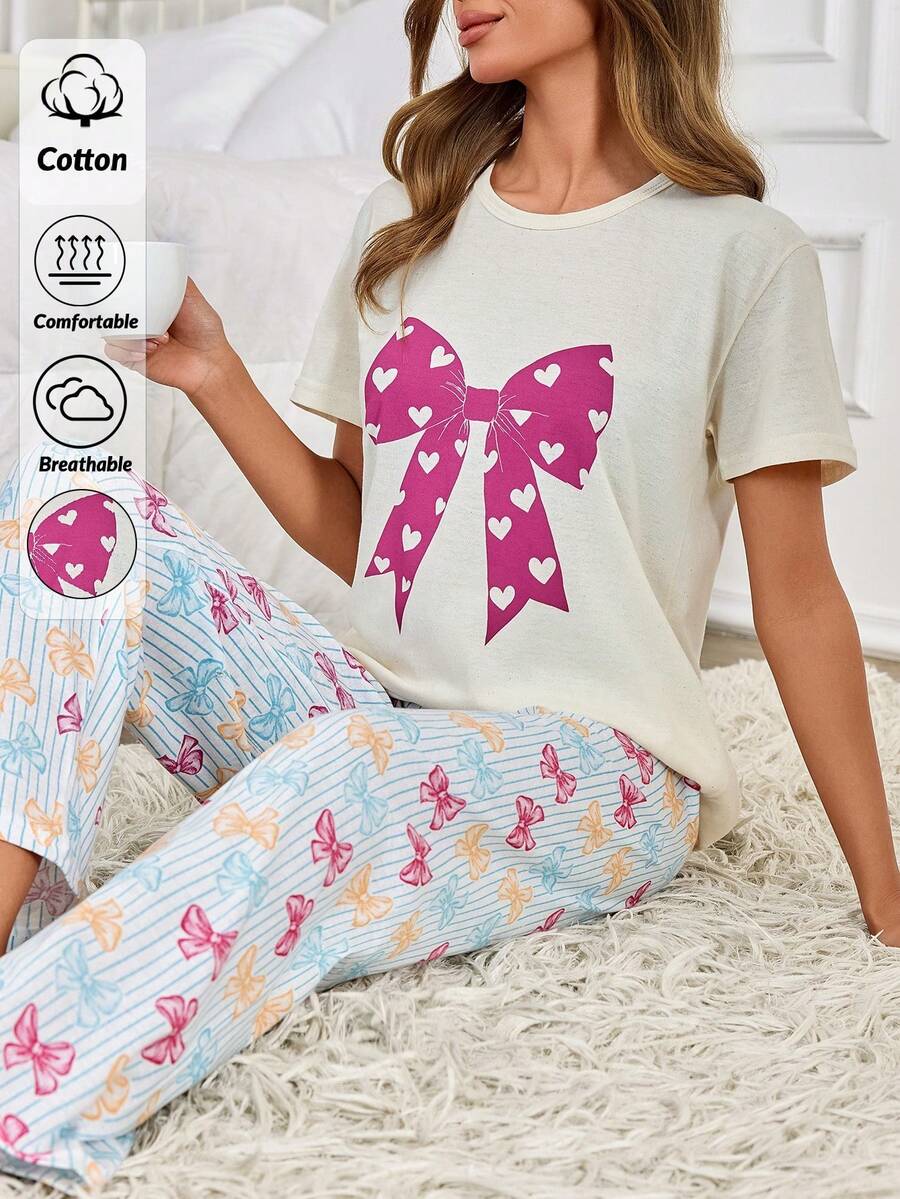 EURMUSE Bow Print Pajama Set, Short Sleeve Graphic Tee & Printed Pants, Soft Ribbed Lounge Co-Ord, Kawaii Aesthetic Sleepwear, Y2K Cute Casual Homewear - White - View 1