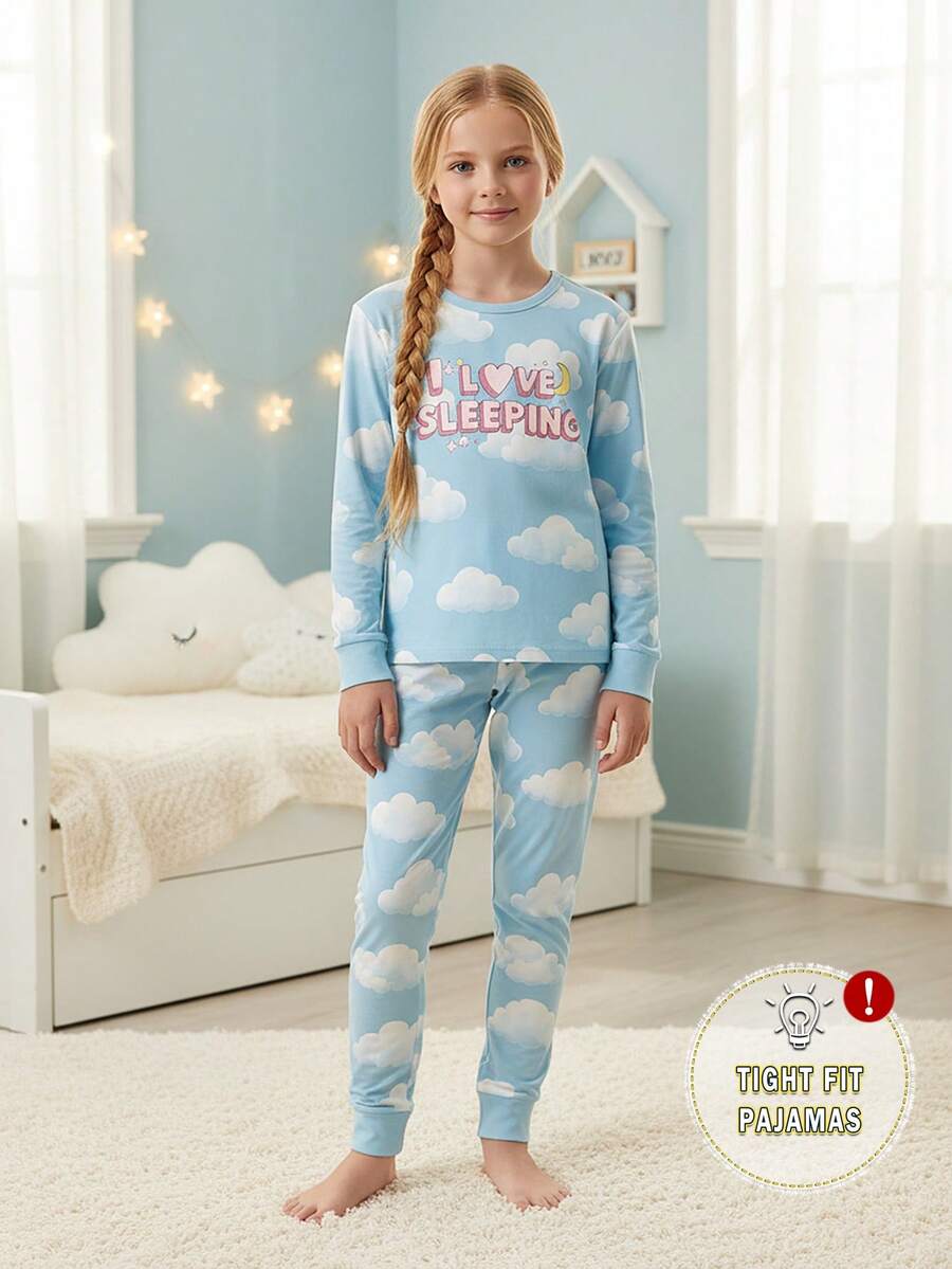 2件套女童梦幻印花圆领长袖上衣和数码印花针织打底裤，柔软弹力贴身家居服套装