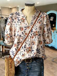 Linhara 大码数码镂空V领休闲日常通勤常规短袖印花梭织衬衫女式夏季印花衬衫女式印花衬衫印花上衣女式衬衫女式衬衫女式衬衫女式衬衫 - 杏色 - 查看 1