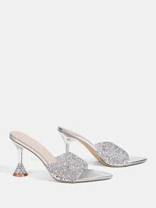 CUCCOO TILAWA Women's Summer Crystal Ankle Strap Pointed Toe Stiletto High Heel Sandals, Sexy Stiletto Heel Transparent PVC Splice White PU Party Club Shoes Valentine's Day - Silver - View 4