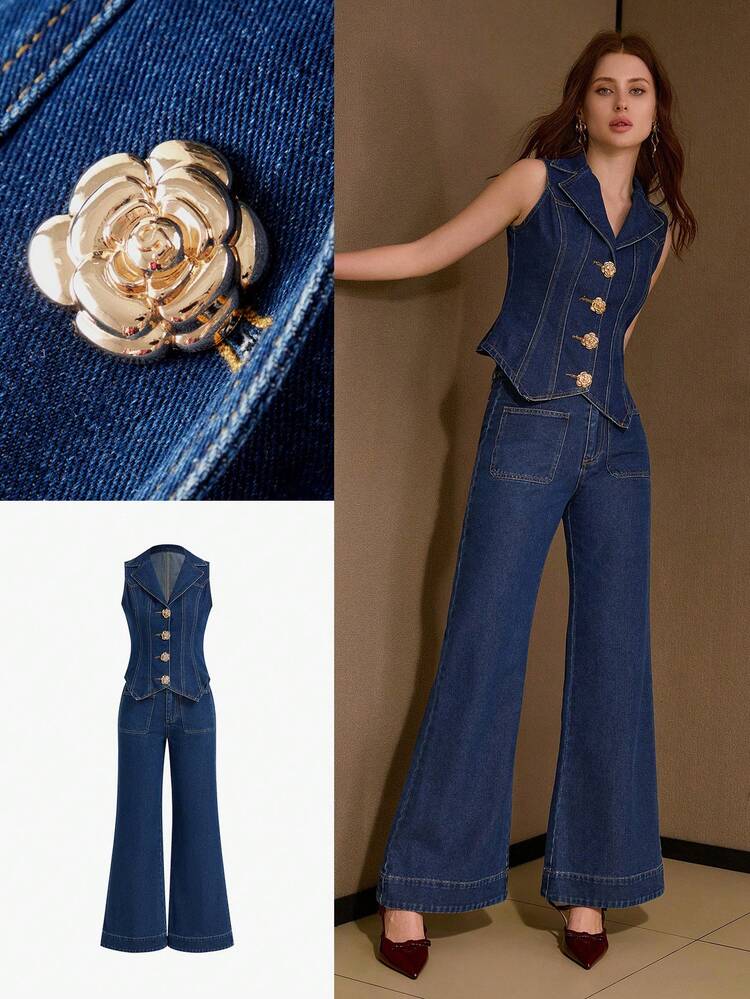 ENSEMBLE 2 pièces POUR FEMMES: VESTE EN JEAN AVEC BOUCLE MÉTALLIQUE DEVANT ET JEANS, PRINTEMPS/ÉTÉ
