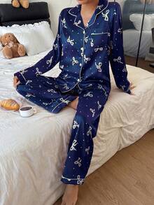 Dream Adore Bộ đồ ngủ dài tay nữ bằng lụa giả họa tiết chấm bi nơ - Màu xanh hải quân - Xem 6