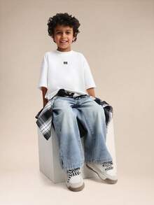 SUMWON Boys Oversized Crew Neck T Shirt With Star Logo Print Summer Casual Cotton Top - White - View 3