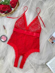 SHEIN Bộ 2 món đồ lót ren thắt eo kiểu dáng Valentine, áo liền quần. - Đỏ - Xem 2