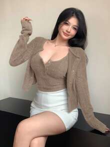 DAZY 2件套女士秋冬时尚棕色毛绒修身露脐上衣和开衫套装长袖