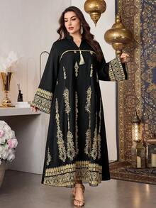 Al Najma Plus Size Women Elegant V-Neck Sequins Pendant Ribbon Beaded Loose Long Dress - Black - View 6