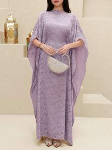 Yasmyna Women's Solid Color Elegant Boat Neck Turkish Maxi Dress, Arabic Traditional Long Robe - Dusty Purple - View 2