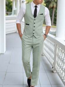 2pcs/Set Teen Boy Gentleman Outfit, Includes Slim-Fit Contrast Color Vest And Light Green Dress Pants, Elegant Formal Suit For Birthday,  ,   Guest, Pageboy, Ring BoyWedding,Prom,Graduation - Mint Green - View 1