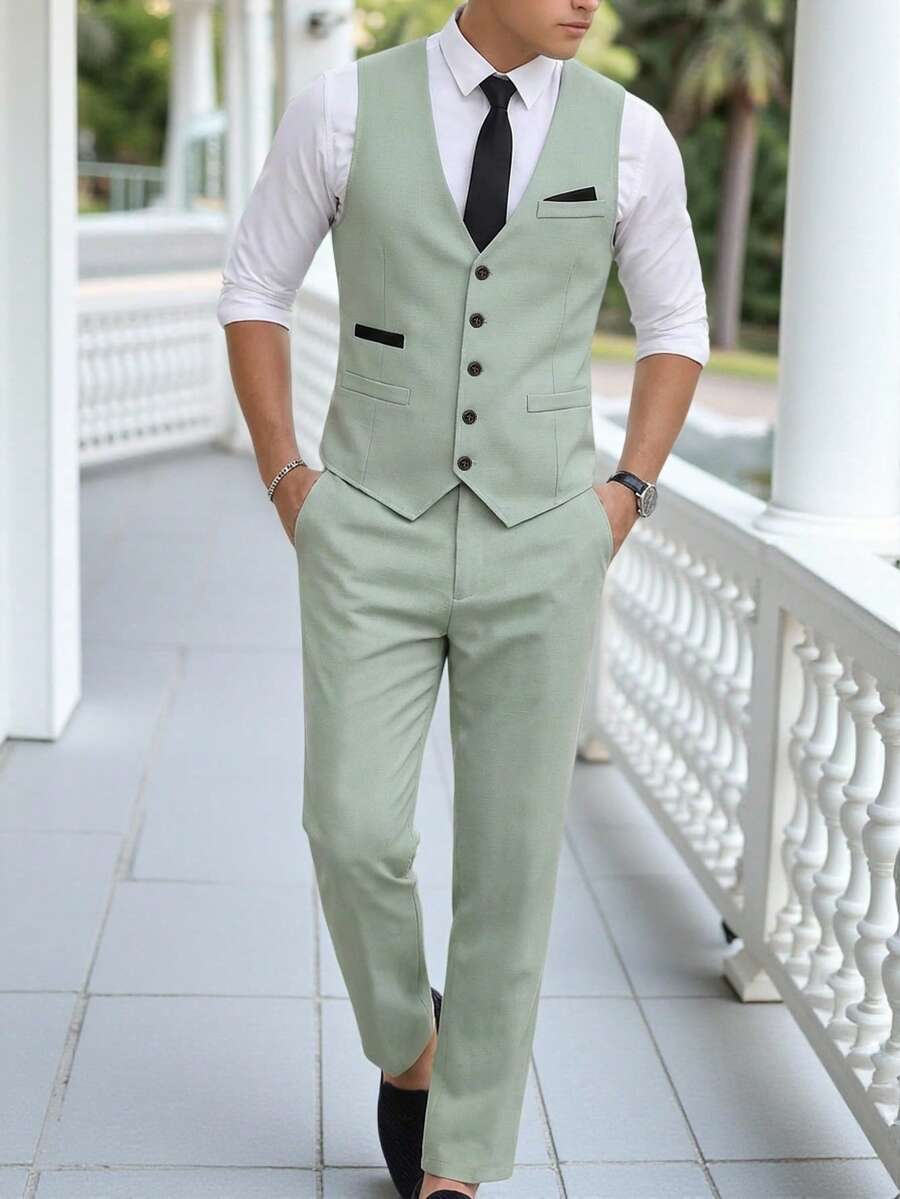 2pcs/Set Teen Boy Gentleman Outfit, Includes Slim-Fit Contrast Color Vest And Light Green Dress Pants, Elegant Formal Suit For Birthday, , Guest, Pageboy, Ring BoyWedding,Prom,Graduation - Mint Green - View 1