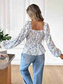 Pariaura Sweetheart Collar Lantern Sleeve Cinched Waist Shirred Tie-Up Ruffle Hem Elegant Blouse - Blue - View 3