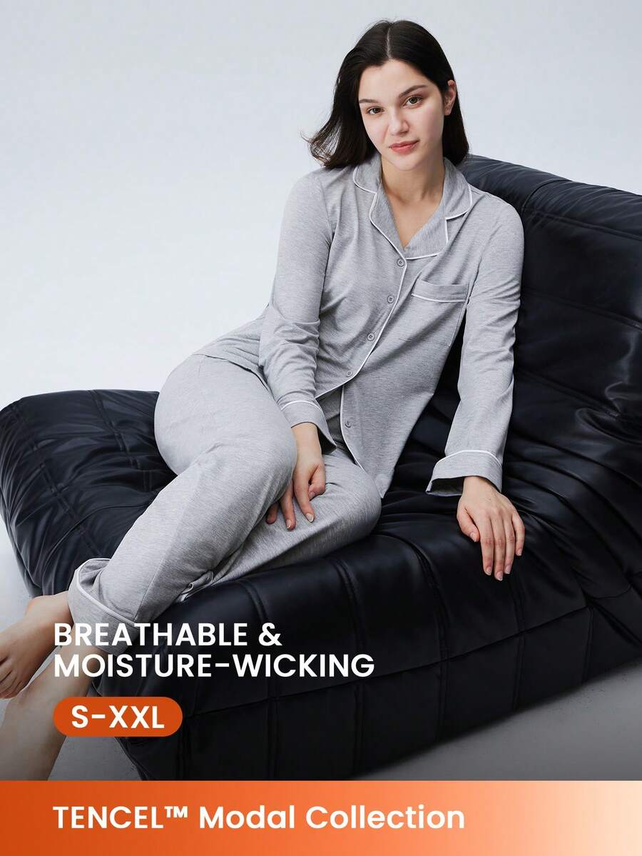 LUVLETTE Autumn And Winter Grey Soft TENCEL™ Modal Contrast Trim Button-Up Top & Pants Loungewear Pajama Set Pants With Pockets Lounge Sets For Women Fall Pajamas - Light Grey - View 1