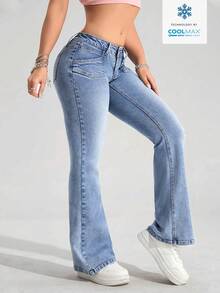 SHEIN PETITE Quần jeans nữ cạp thấp ống loe dáng suông, đa năng, thích hợp cho việc đi làm. - Rửa nhẹ - Xem 5
