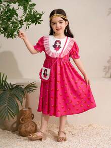 女童深绿色阿巴雅长袍，中东穆斯林传统服饰，碎花连衣裙，荷叶边下摆，适合户外穿着，可搭配包包，附赠金色饰边丝带 - 玫紅色 - 查看 7