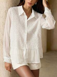 Chiquease Women's Vintage French Style Ruched Patchwork Blouse, Unique Design, Lightweight Sheer Protection Collared Button-Up Long Sleeve Shirt, Spring/Summer - White - View 2