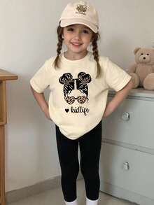 春夏秋季女童休闲时尚创意个性清新可爱简约少女肖像、豹纹、蝴蝶结、太阳镜、心形、字母标语印花休闲基础款短袖T恤和打底裤套装，舒适日常穿着，温暖的夏秋风格，适合春、夏、秋季，四季皆宜的百搭单品。 - 彩色 - 查看 3