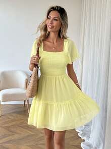 SHEIN LUNE 休闲女式奶油黄腰连衣裙 - 黃色 - 查看 6