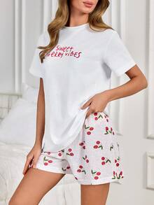 SHEIN 女士纯棉两件套字母短袖衬衫和樱桃图案短裤家居舒适睡衣套装 - 白色 - 查看 1