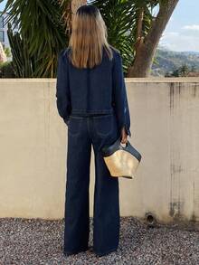 DAZY Women's Bow Tie Design Long Sleeve Top And Wide Leg Jeans Casual Suit - Blue - View 4