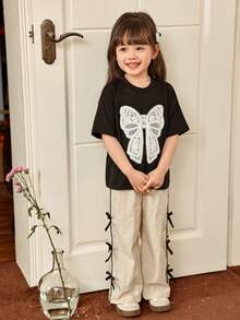 Genkimix Kids 2pcs/Set Young Girl Emboidery Bow Loose Sweet Shirt And Pants, School T-Shirt And Pants For Girl - Multicolor - View 5