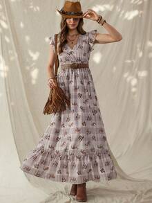 Wildy 波西米亚风休闲美式西部乡村复古格子马图案连衣裙，荷叶边下摆，适合春夏穿着 - 杏色 - 查看 6