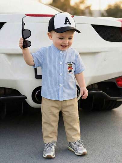 Playful Pals Infant Boys' Casual Stand Collar Striped Front Open Chest Print Elastic Waist Solid Color Pants Set, Spring/Autumn