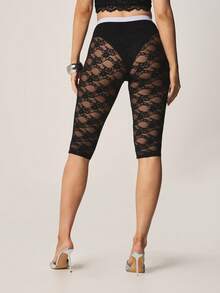 Missguided x Playboy Branded Knee Length Lace Capri Leggings With High Rise Waistband And Sheer Floral Pattern For Layering - Black - View 2