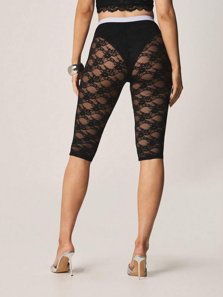 Missguided x Playboy Branded Knee Length Lace Capri Leggings With High Rise Waistband And Sheer Floral Pattern For Layering, Vacation