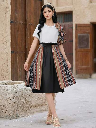 Teen Girl Elegant Crew Neck Retro Pattern Ruffle T-Shirt And Skirt Set