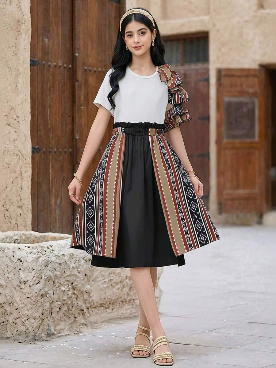 Teen Girl Elegant Crew Neck Retro Pattern Ruffle T-Shirt And Skirt Set - Black - View 1