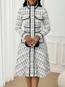 SHEIN Lady 女士立领插肩袖优雅中长连衣裙 - 白色 - 查看 4