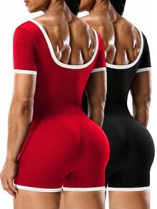 Seamluxe SHEIN Sport 运动无缝撞色滚边运动短裤连体衣，运动连体衣，健身连体衣，锻炼连体衣，罗纹连体衣女士运动套装，海军蓝女士运动服，健身服，女士健身服，女士训练服，女士健身服，女士训练服，女士运动服（双面可穿） - 彩色 - 查看 2