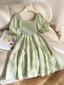 Elladie kids Tween Girls Plain Green Short Dress With Shirred Square Neck Half Puff Sleeves And Flounce Hem In A Line Basics Style - Green - View 2