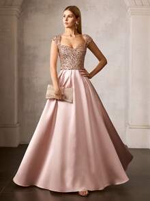 MOTF Soiréza WOMEN ELEGANT FORM-FITTING SHORT SLEEVE SWEETHEART NECKLINE MAXI PARTY GOWN, SEQUIN FABRIC SPLICED WITH SATIN OVERSIZED HEM DRESS,PERFECT FOR WEDDINGS, GALAS & FESTIVE EVENINGS