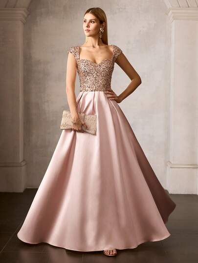 MOTF Soiréza WOMEN ELEGANT FORM-FITTING SHORT SLEEVE SWEETHEART NECKLINE MAXI PARTY GOWN, SEQUIN FABRIC SPLICED WITH SATIN OVERSIZED HEM DRESS,PERFECT FOR WEDDINGS, GALAS & FESTIVE EVENINGS